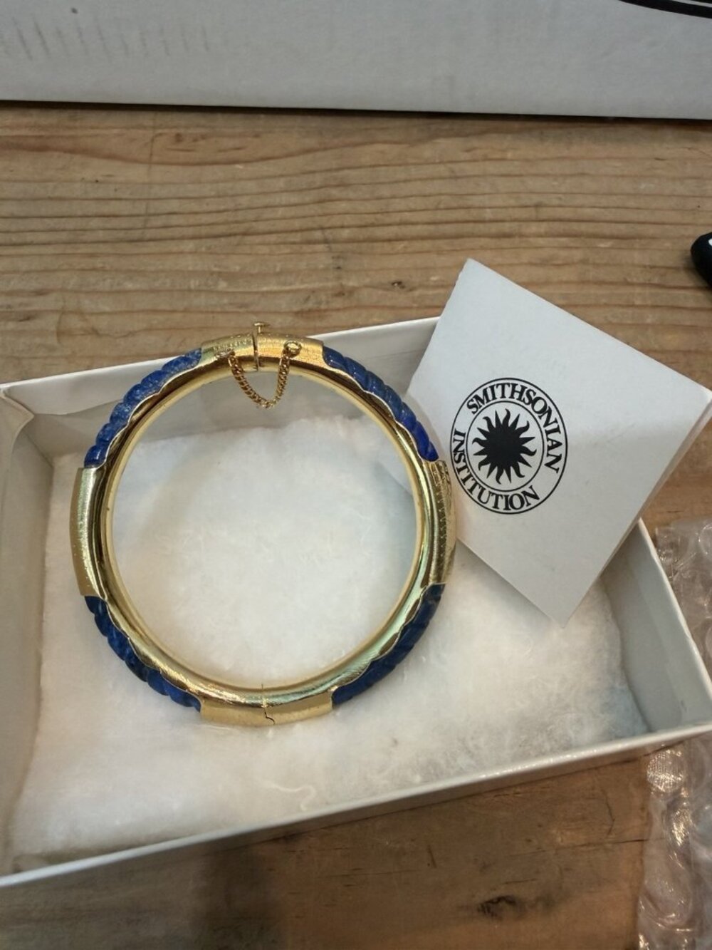 Smithsonian Lapis Lazuli Gold Tone Hinged Bangle Bracelet With Safety Chain